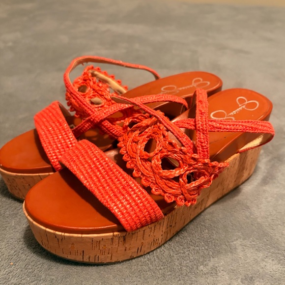 JESSICA SIMPSON Callri Coral Straw Woven Cork Platform Wedge Sandals Woman’s 10M - Picture 1 of 8